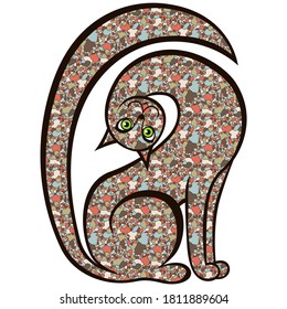 Curious and playful cat with head tilted with body is made of colorful muted mosaic shapes isolated on the white background, vector illustration