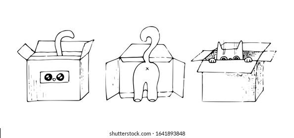 curious playful kitten with a box The pink cartoon cat climbed into the box knocked it over Curiosity interest surprise Vector stock illustration hand-drawn on a white isolated background. black line