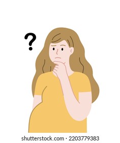 Curious pregnant woman thinking with question mark. Pregnancy Problem, motherhood, consultation, making decision, abortion concept. Flat cartoon character vector isolated design illustration.