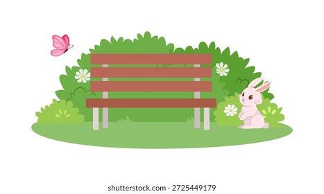 El conejo curioso se sienta junto a un banco del parque con una mariposa rosa sobre arbustos verdes y flores blancas