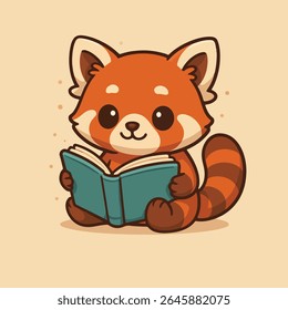 Curious Reader, A charming illustrated red panda engrossed in a book, radiating a sense of curiosity and joy.