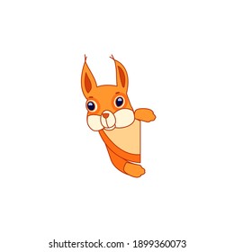 Curious red squirrel peeking behind the tree trunk. Cartoon character of a mammalian rodent. A wild forest creature with orange fur. Side view. Vector flat illustration isolated on a white background.