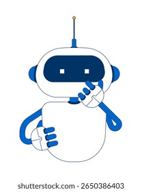 Curious robot holding chin in thought 2D cartoon character. Artificial intelligence, problem-solving. Robotic technology flat vector personage isolated on white. Spot illustration colorful