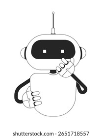 Um robô curioso segurando o queixo em um personagem de linha 2D. Inteligência artificial, resolução de problemas. Tecnologia robótica isolada vetor tinta contorno personagem. Ilustração de ponto monocromático