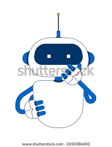 Curious robot holding chin in thought 2D cartoon character. Artificial intelligence, problem-solving. Robotic technology flat vector personage isolated on white. Spot illustration colorful