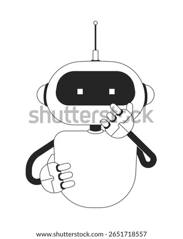 Curious robot holding chin in thought 2D line character. Artificial intelligence, problem-solving. Robotic technology isolated vector ink outline personage. Monochromatic spot illustration
