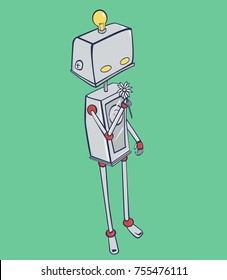 Curious robot smells on a flower vector