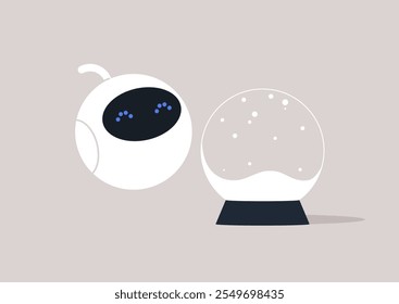 A curious round robot gazes intently at a glowing snowy crystal ball, its sleek design contrasting with the orb's enchanting brilliance, filling the tranquil space with a sense of charm and mystery