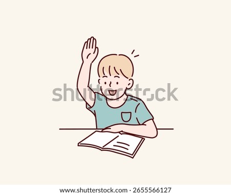 Curious School Kid Raising Hand to Answer Question in Classroom. Hand drawn style vector design illustrations.