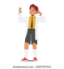 Curious Schoolboy Character Hold Chemical Flask Exploring Wonders Of Science And Discovery. Eager To Learn And Experiment Chemistry With Enthusiasm And Excitement. Cartoon People Vector Illustration