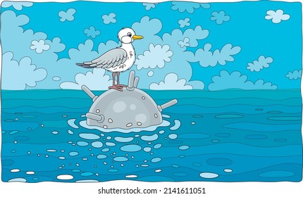 Curious seagull on an old unexploded naval mine in a sea, vector cartoon illustration