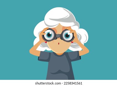 
Curious Senior Woman Spying with Binoculars Funny Cartoon Illustration. Sneaky nosy grandma watching everything from afar
