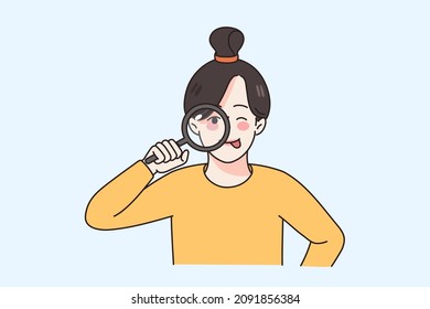 Curious small girl child look through magnifying glass search for information or data. Smiling kid use magnifier feel interesting. Scientific research, safe internet browsing. Vector illustration. 