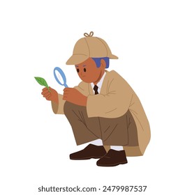 Curioso chico inteligente niño detective personaje de dibujos animados mirando a través de la lupa en la hoja verde