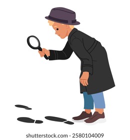 Curious smart boy child little cartoon detective playing crime investigation game accuracy looking on human footprints through magnifying glass vector illustration isolated on white background