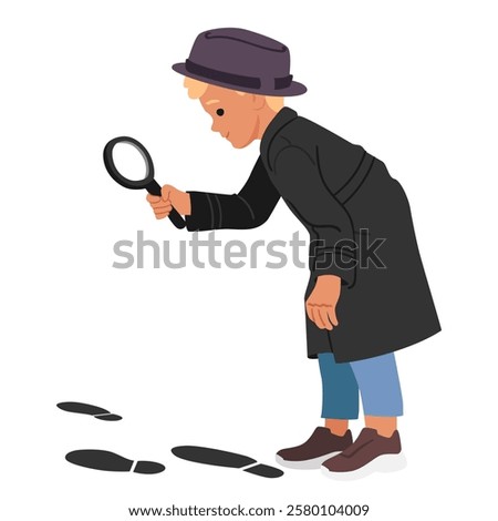 Curious smart boy child little cartoon detective playing crime investigation game accuracy looking on human footprints through magnifying glass vector illustration isolated on white background