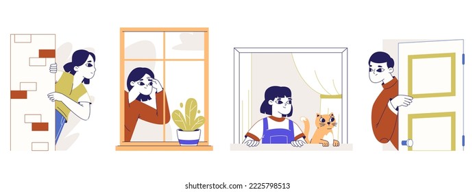 Curious spying people, peeping searching characters. Men and women secretly looking out from door or window, observing people isolated flat vector illustration on white background