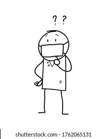 Curious Stick Figure Wearing Face Mask, Hand Drawn Doodle Stick Figure With Mask And Question Mark.