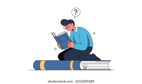 Curious student engrossed in reading a book while sitting on a stack of educational materials seeking knowledge