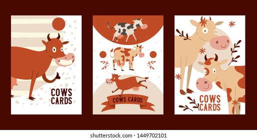 Curious stupid cow eating grass with vacant look set of cards vector illustration. Funny baby animal, cattle saying moo, showing okay sign with finger. Greeting, invitation cards.