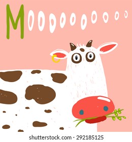 Curious Stupid Cow Eating Grass with Vacant Look. Fun colorful baby animal illustration of a cattle saying moo.