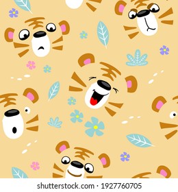 Curious tigers in the jungle. Seamless children's pattern. Vector illustration.