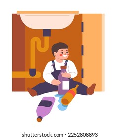 Curious toddler playing with chemicals under sink, kid with bottles containing liquids for cleaning house. Risk of poisoning, child at home Vector in flat style