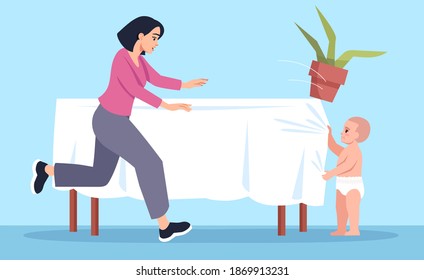 Curious toddler pulls tablecloth with flower semi flat vector illustration. Mother runs to help. Accidental childhood injuries semi flat vector illustration 2D chartoon characters for commercial use