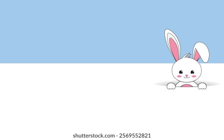 A Curious White Bunny with Pink Ears Peek-a-Boos Over a White Edge Against a Calm Light Blue Background, Ready for Springtime Fun and Adventures,