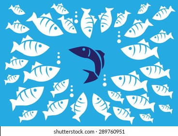 Curious white fishes surrounding a single dark blue fish. Stylish cartoon vector illustration isolated on blue background analogy for concept on being different and unique.