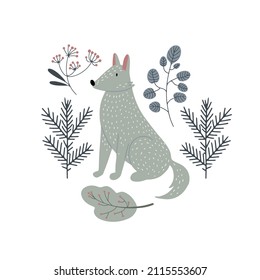 Lobo curioso sentado en el bosque, estilo escandinavo aislado de la mano vector clipart