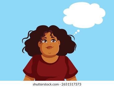 
Curious Woman of Black Ethnicity Thinking Vector Cartoon. Happy lady being pensive making and expressing a plan  

