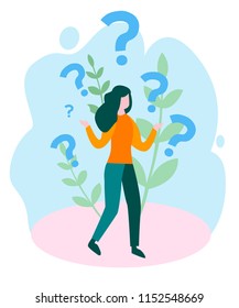 A curious woman. Emotional, economic harm and damage, getting no benefit Concept for web page, banner, presentation, social media. Vector illustration, Why. Business demotivation poster