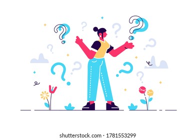 A curious woman. Emotional, economic harm and damage, getting no benefit Concept for web page, banner, presentation, social media. Vector illustration, Why. Business demotivation poster