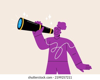 Curious woman holding binoculars in hand and looking far away. Search Concept. Colorful vector illustration
