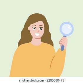 Curious woman holding magnifier Investigating. Happy girl studying and analysing things. Education, knowledge, learning, creativity concept. Flat character vector design isolated illustration.