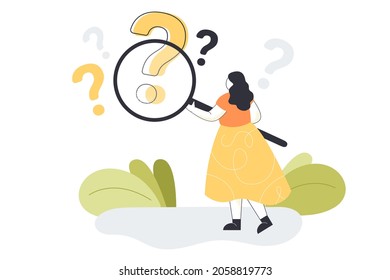 Curious woman holding magnifier and looking at interrogation points. Analyst asking questions and testing flat vector illustration. Investigating, analyzing, faq, inquiry, information search concept