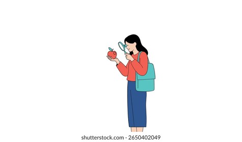 Curious woman inspects small object with magnifying glass learning and discovery concept animated illustration