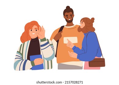 Curious Woman Listening With Hand At Ear, Overhearing Diolog Of People. Person Eavesdropping Secret Conversation, Dialog Of Couple. Flat Graphic Vector Illustration Isolated On White Background