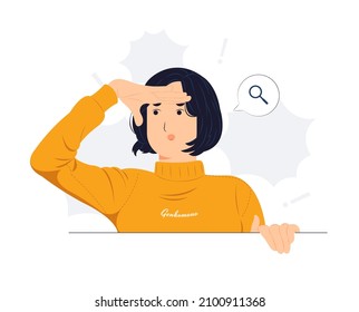 Curious woman looking far away with hand over head, trying to see something, bad vision, searching, holding palm on forehead and gasping. surprised, and amazed concept illustration