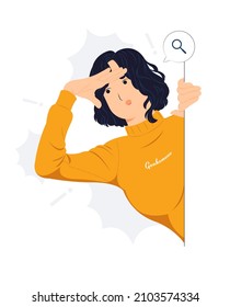 Curious woman looking far away with hand over head, trying to see something, bad vision, searching, holding palm on forehead and gasping. surprised, and amazed concept illustration