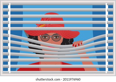 Curious woman looking out of her window with blinds. Vector illustration. EPS10.