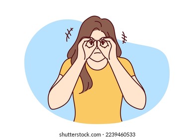 Curious woman looking at screen using hands instead of binoculars wants to know someone else secret. Focused lady raises palms to eyes to get closer look at distant object.. Flat vector image 