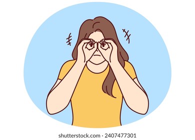 Curious woman looking at screen using hands instead of binoculars wants to know someone else secret. Focused lady raises palms to eyes to get closer look at distant object.. Flat vector image