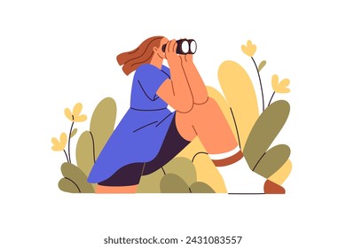 Curious woman looking through binoculars, watching, exploring, searching new opportunity, aim. Vision, perspective, focus, curiosity concept. Flat vector illustration isolated on white background