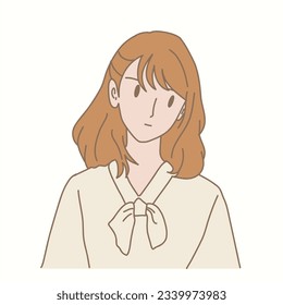 Curious woman posing with head tilted. Hand drawn flat cartoon character vector illustration.