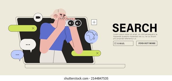 Curious woman worker or employee looking through binoculars. Business metaphore for search or research, development, web surfing. Trendy outline vector characters for web or ui design.