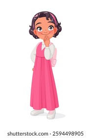 Curious young Arab student girl in school uniform thinking with hand on chin. Cartoon vector illustration isolated on white background.