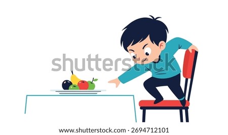 A curious young boy reaches for fruit on a table while standing on a chair.
