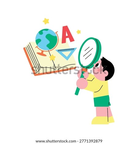 Curious young boy using a magnifying glass to explore an open book with a globe and geometry tools, representing scientific discovery, research, geography, and active learning for kids in a warm flat illustration style